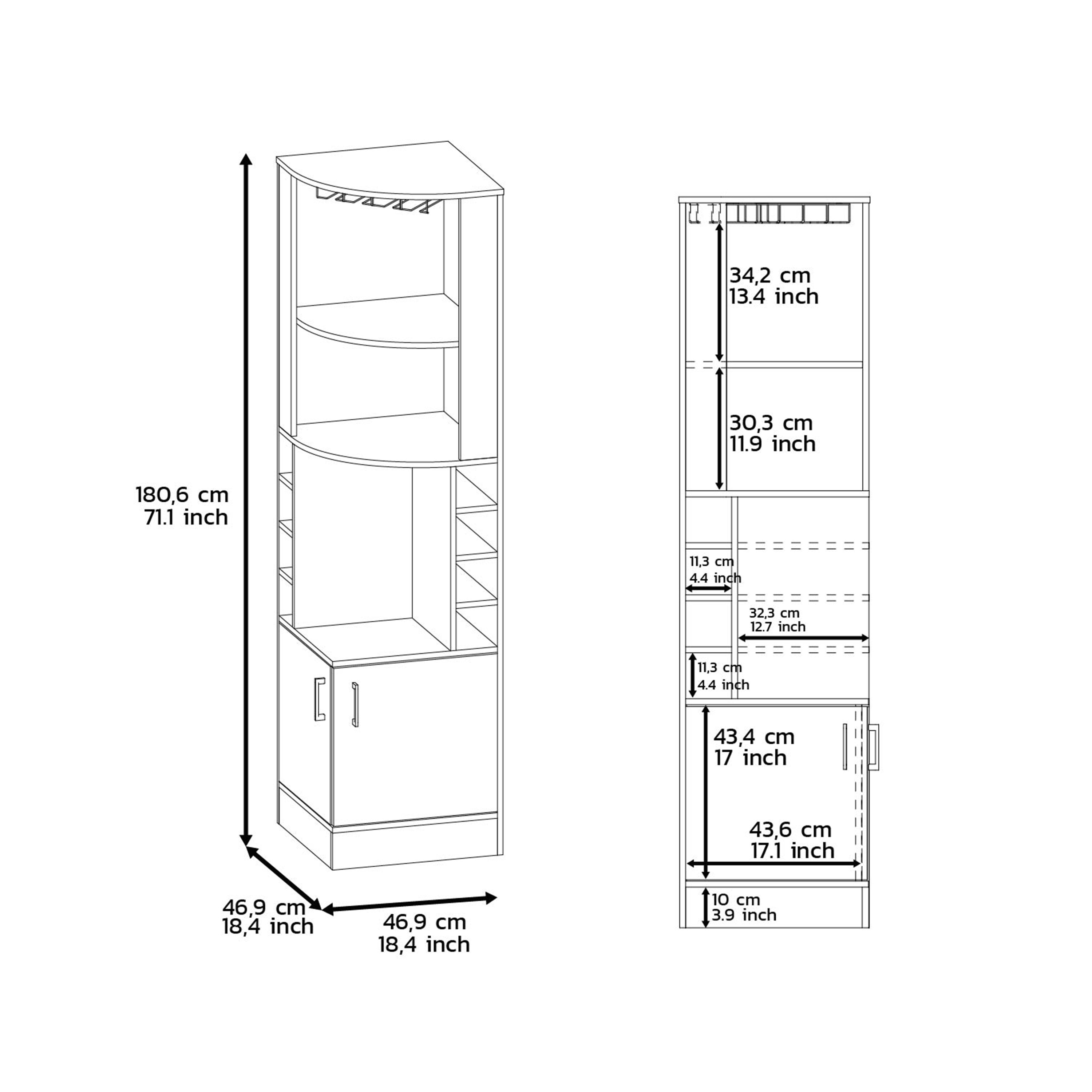 Syrah Corner Bar Cabinet, Eight Bottle Cubbies, Double Door, Two Open Shelves -Dark Brown